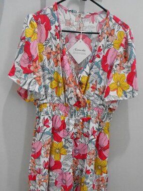 Caracilia Women's V Neck Short Sleeve Yellow & Pink Floral Flowy Maxi Dress-Lg